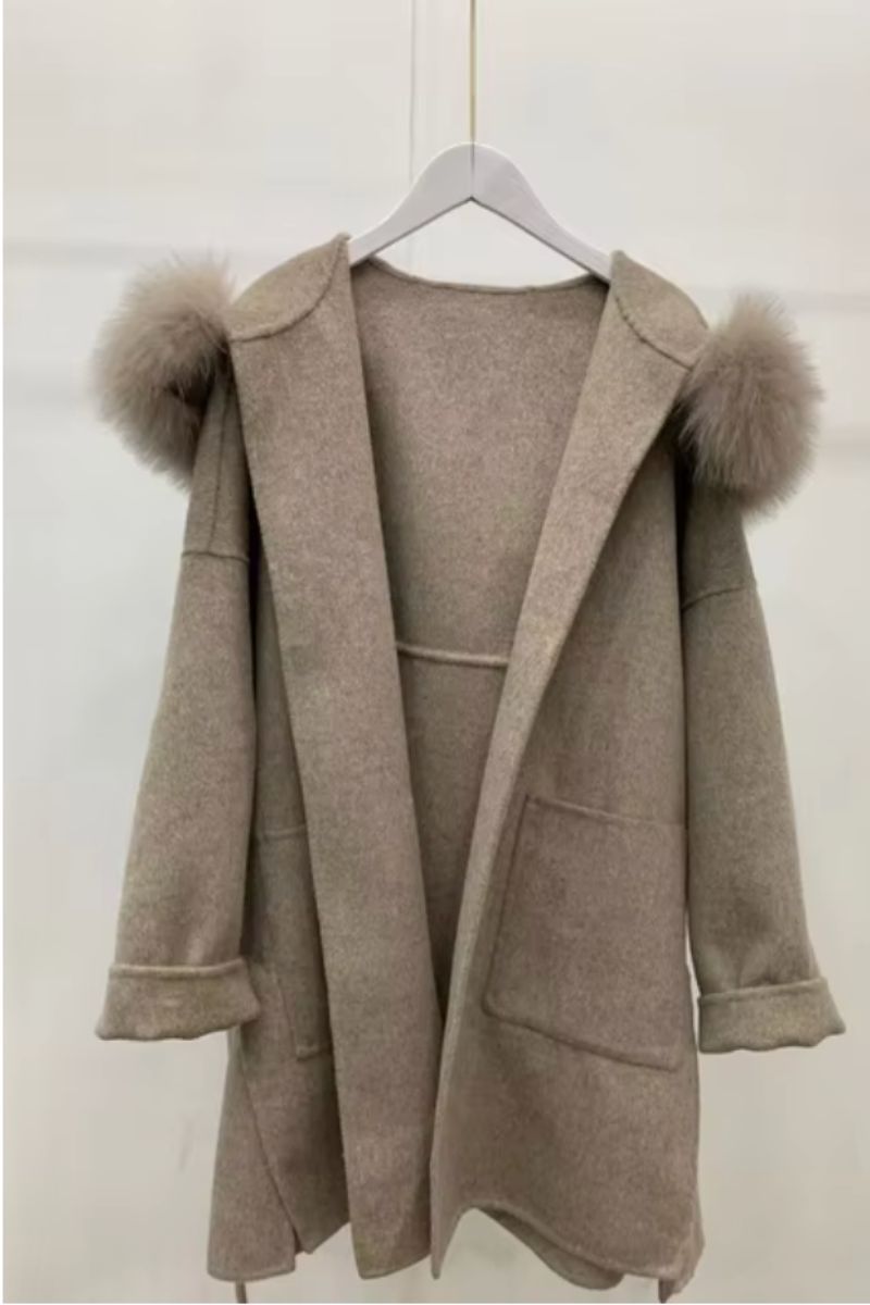 DAYMIS Cashmere Wool Jacket With Fur Trim Hood