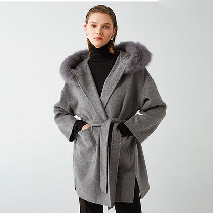 DAYMIS Cashmere Wool Jacket With Fur Trim Hood