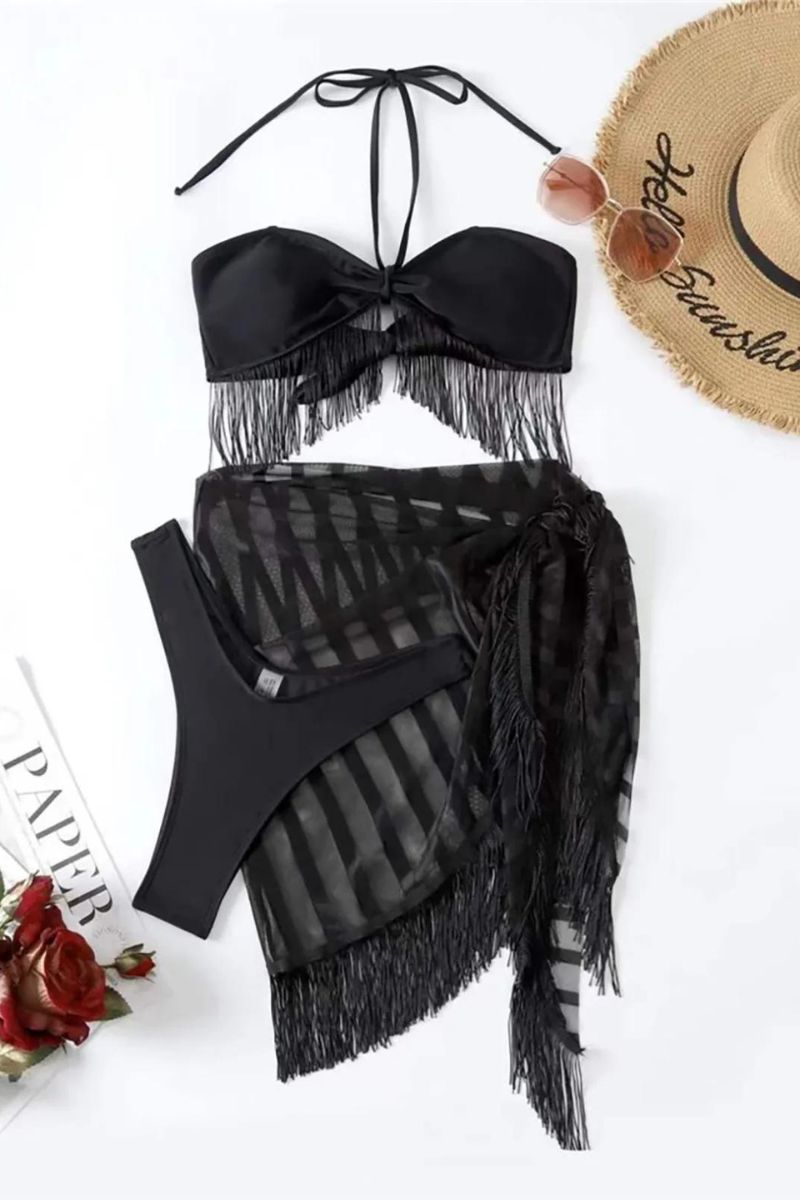 Confezione da 3 pezzi con orlo con frange versatili da annodare incrociati | Costume da bagno bikini e gonna da spiaggia