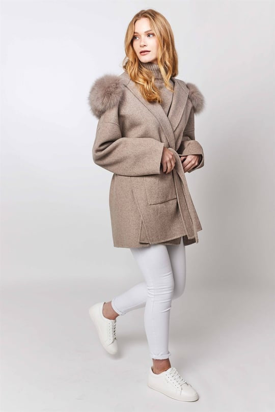 DAYMIS Cashmere Wool Jacket With Fur Trim Hood