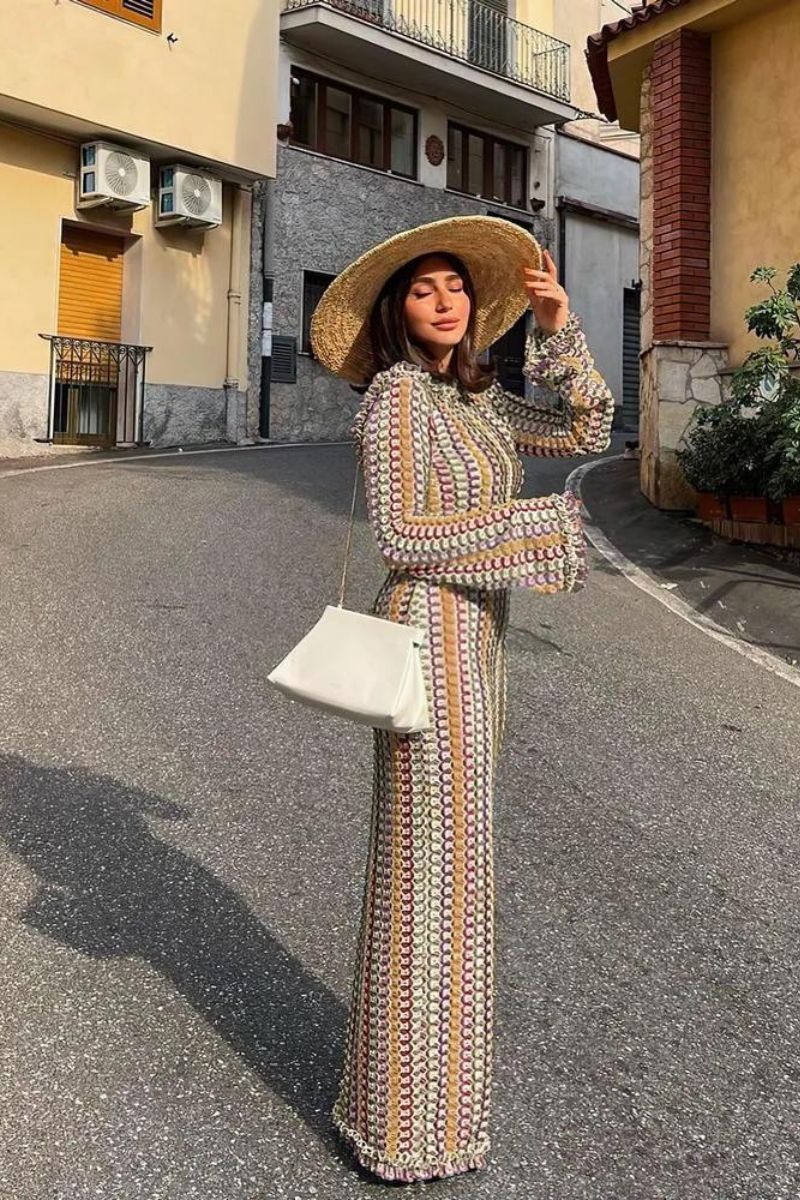 Knitted Backless Flare Sleeve Maxi Dress