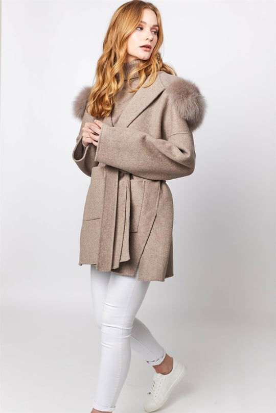 DAYMIS Cashmere Wool Jacket With Fur Trim Hood