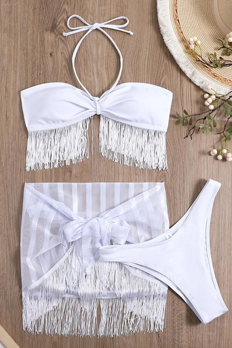 Confezione da 3 pezzi con orlo con frange versatili da annodare incrociati | Costume da bagno bikini e gonna da spiaggia