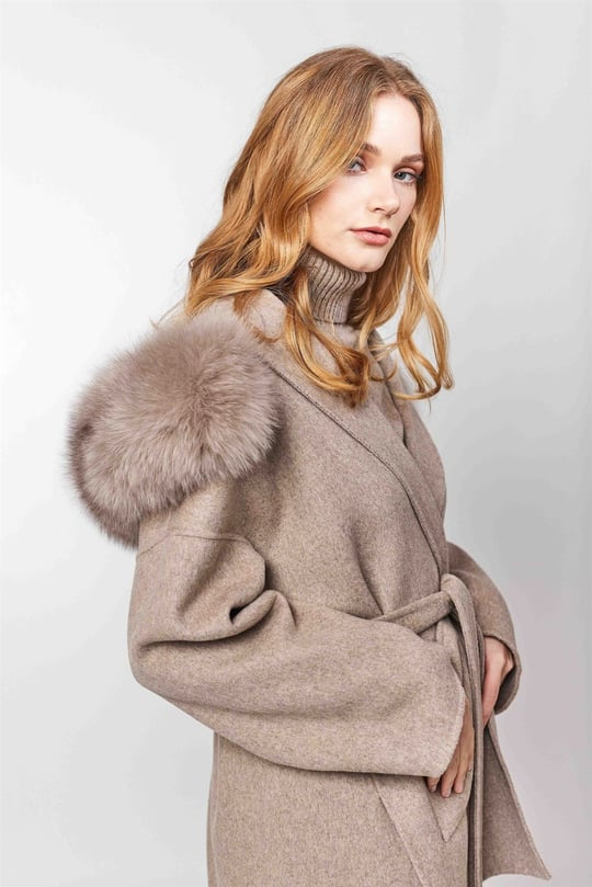 DAYMIS Cashmere Wool Jacket With Fur Trim Hood