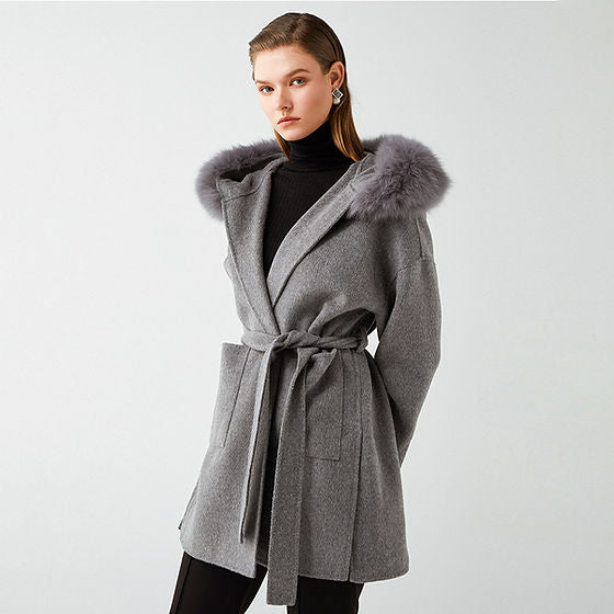 DAYMIS Cashmere Wool Jacket With Fur Trim Hood